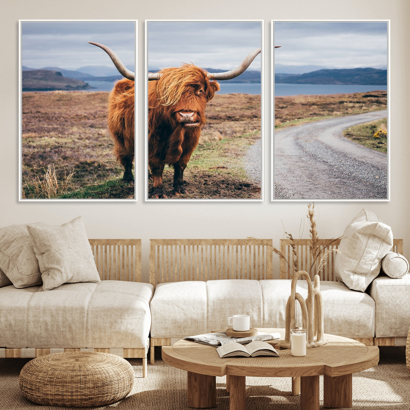 56121-MGV-FC-60X30-3P_White-Rustic Highland Cow Wall Art – Panoramic Nature Canvas Print, Perfect Decor for Home, Office, Living Room or Man Cave