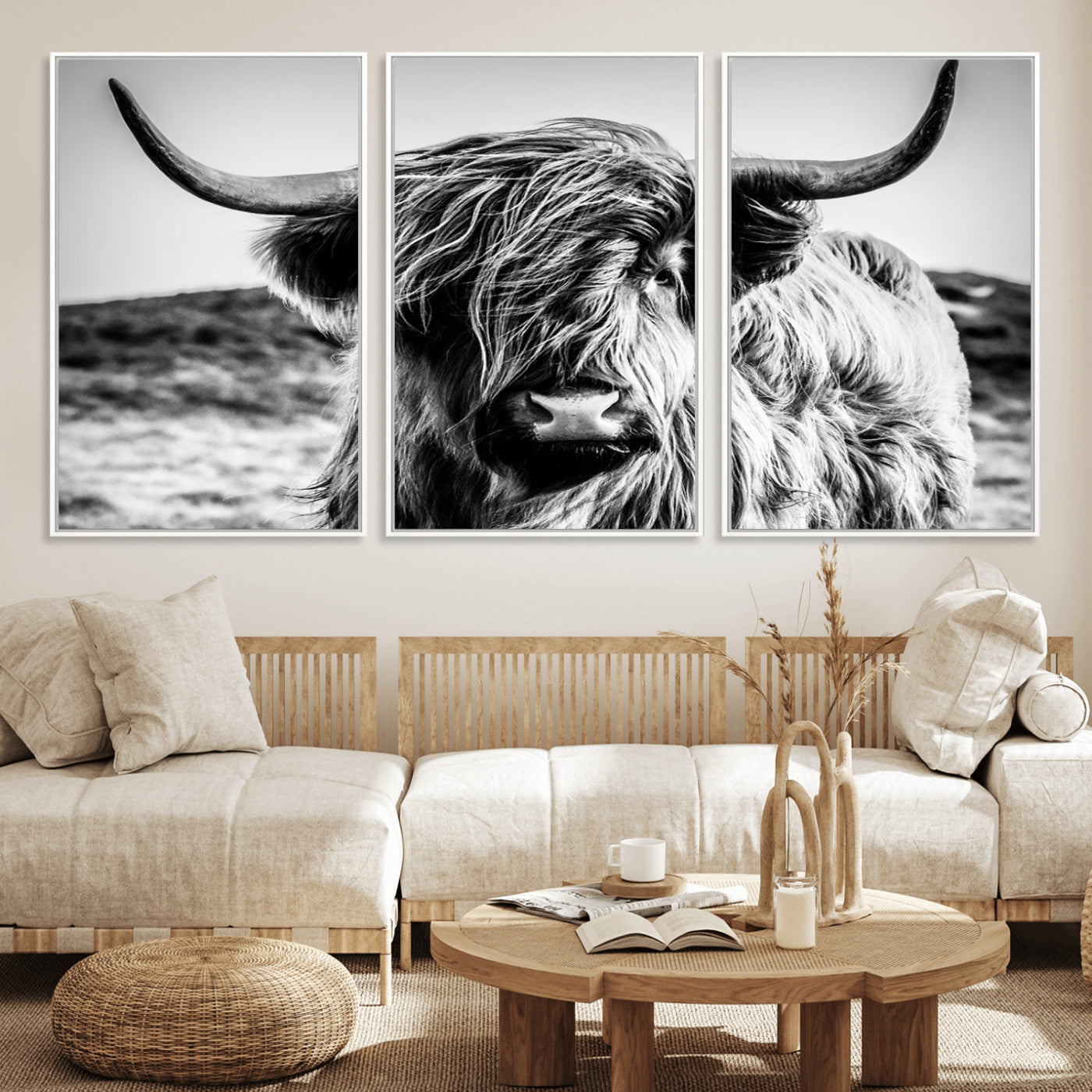 36979-MGV-FC-60X30-3P_White-Striking black-and-white portrait of a Highland cow with flowing fur and majestic horns, perfect for rustic and elegant home or