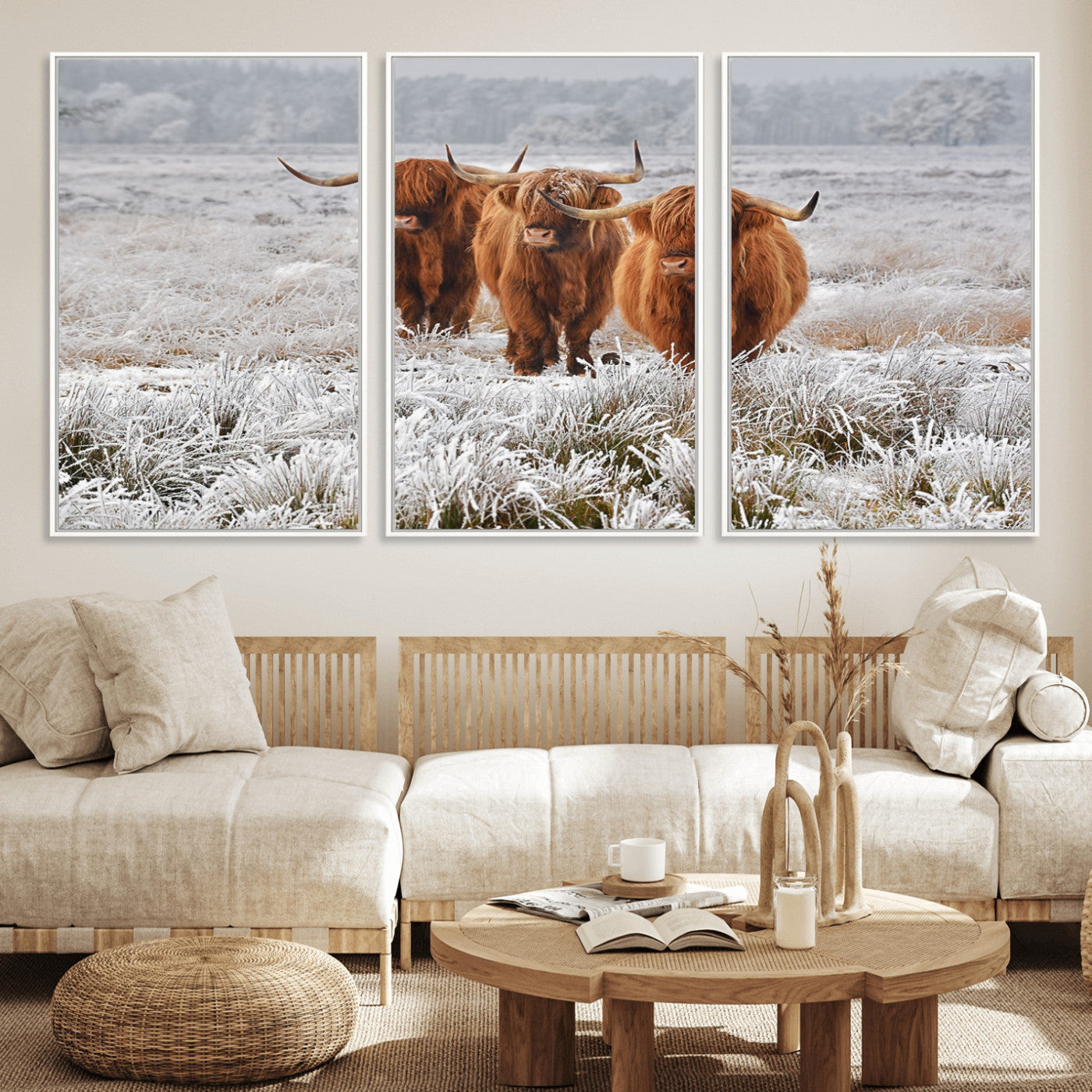10396-MGV-FC-60X30-3P_White-Highland Cattle Wall Art – Rustic Winter Landscape Canvas Print, Farmhouse Decor for Living Room, Office, Cabin or Country Home