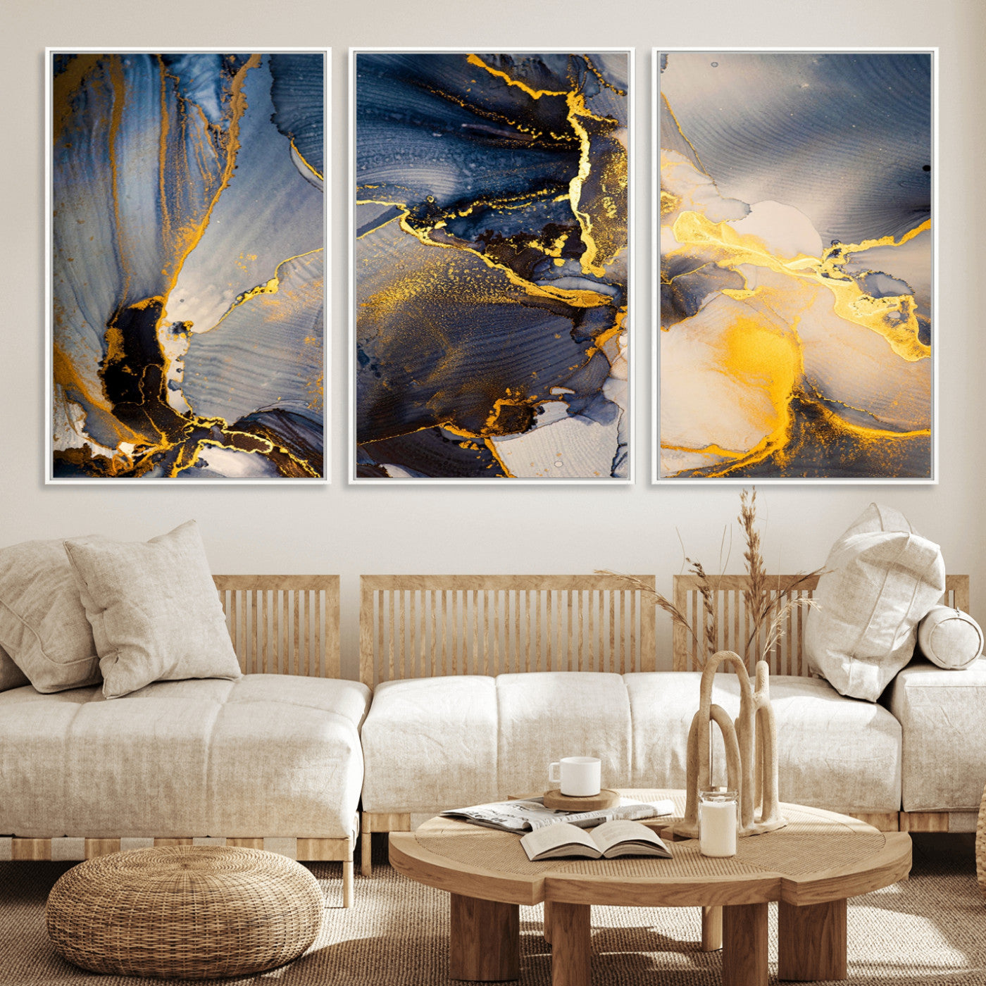 42100-MGV-CV-36X24-Golden Flow Abstract Wall Art – Panoramic Modern Blue and Gold Canvas Print, Contemporary Artistic Decor for Home, Office
