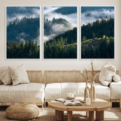 55972-MGV-FC-60X30-3P_White-Whispering Pines Wall Art – Panoramic Misty Forest Canvas Print, Serene Nature Decor for Home, Office or Cabin Retreat