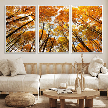 11823-MGV-FC-60X30-3P_White-Golden Autumn Tree Canopy Wall Art – Stunning Fall Forest Leaves Print, Warm Seasonal Nature Decor for Home, Office or Cabin