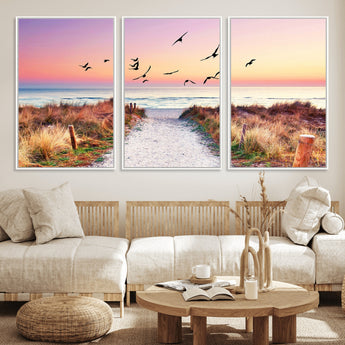 54411-MGV-CV-36X24-Beach Path with Birds Wall Art – Coastal Sunset Ocean Canvas Print, Seaside Nature Landscape Photography for Living Room, Bedroom