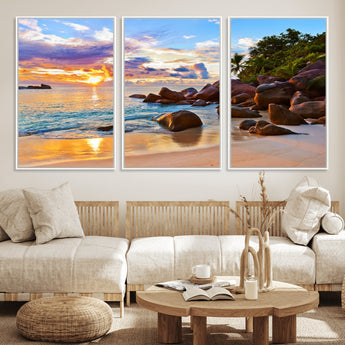 43209-MGV-CV-36X24-Tropical Beach Sunset Wall Art – Golden Ocean Waves and Palm Trees with Rocky Shore Canvas Print, Coastal Seascape Decor for