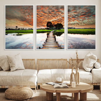 29105-MGV-FC-60X30-3P_White-Rustic Wooden Bridge Wall Art – Scenic Sunset Over Rice Fields and Reflective Water Canvas Print, Nature Landscape Decor for