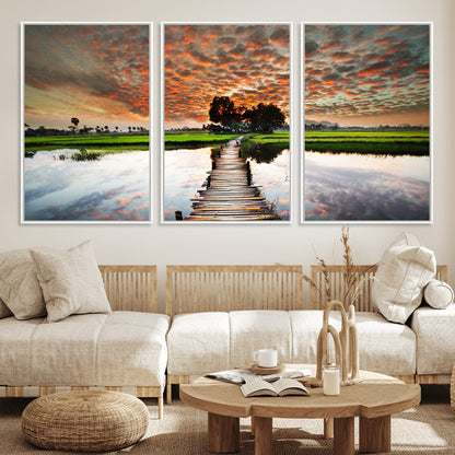 29105-MGV-FC-60X30-3P_White-Rustic Wooden Bridge Wall Art – Scenic Sunset Over Rice Fields and Reflective Water Canvas Print, Nature Landscape Decor for