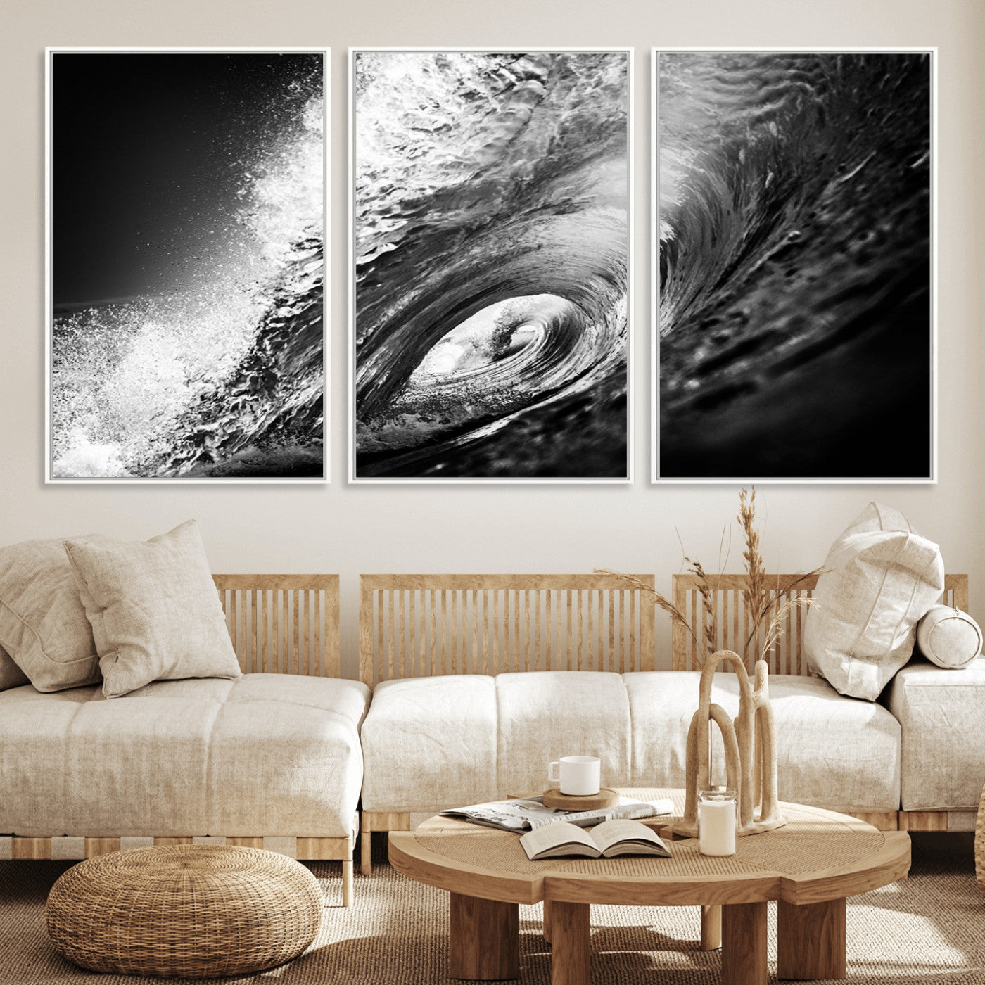 22702-MGV-CV-36X24-Black and White Ocean Wave Wall Art – Powerful Surf Curl Photography Canvas Print, Modern Coastal Decor for Living Room, Office or