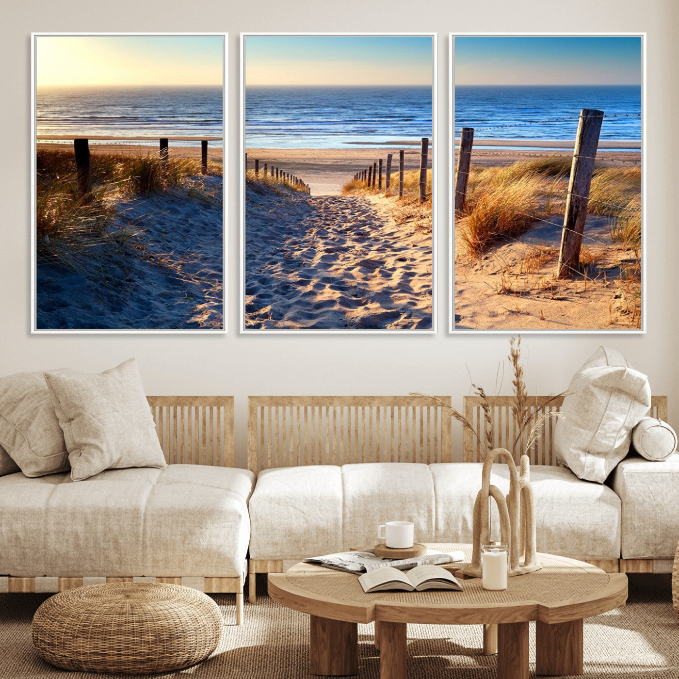 31889-MGV-CV-36X24-Sandy Beach Pathway Wall Art – Coastal Dune Fence and Ocean View Canvas Print, Relaxing Seaside Landscape Decor for Living Room or