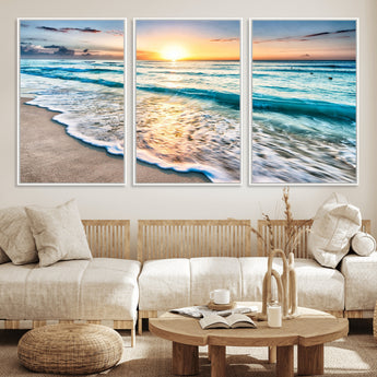27815-MGV-CV-36X24-Ocean Sunrise Beach Wall Art – Serene Coastal Canvas Print with Waves and Golden Morning Light, Relaxing Seascape Decor for