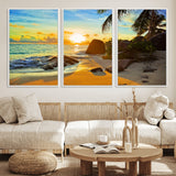 26181-MGV-CV-36X24-Golden Tropical Sunset Beach Wall Art – Ocean Canvas Print with Palm Trees and Rocks, Coastal Paradise Decor for Living Room or