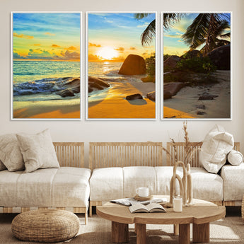 26181-MGV-CV-36X24-Golden Tropical Sunset Beach Wall Art – Ocean Canvas Print with Palm Trees and Rocks, Coastal Paradise Decor for Living Room or