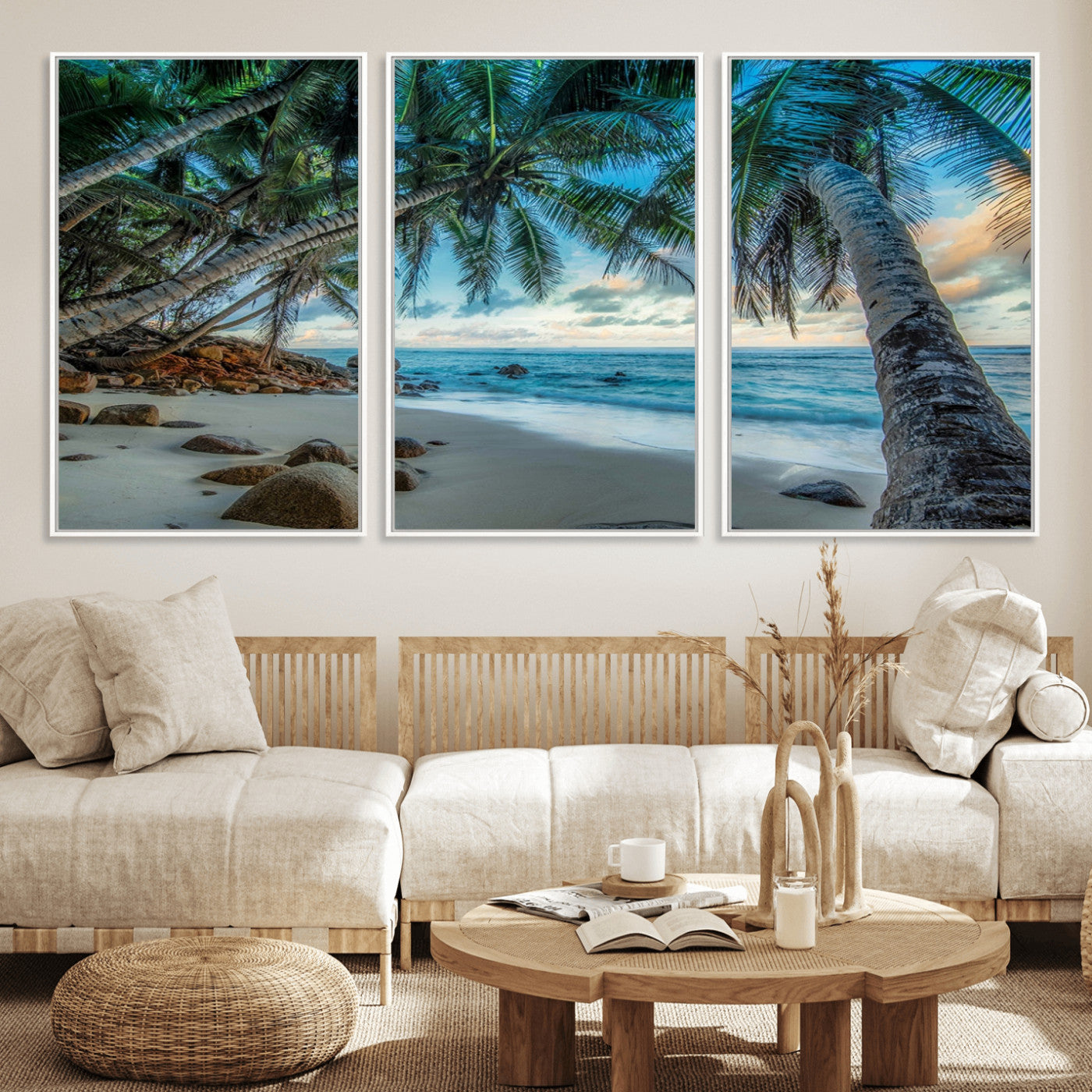 39679-MGV-CV-36X24-Tropical Palm Beach Wall Art – Serene Ocean Canvas Print with Palm Trees and Rocks, Coastal Paradise Decor for Living Room or