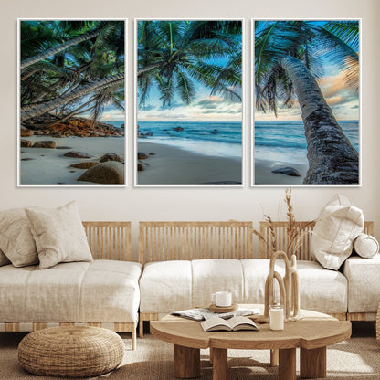 39679-MGV-CV-36X24-Tropical Palm Beach Wall Art – Serene Ocean Canvas Print with Palm Trees and Rocks, Coastal Paradise Decor for Living Room or