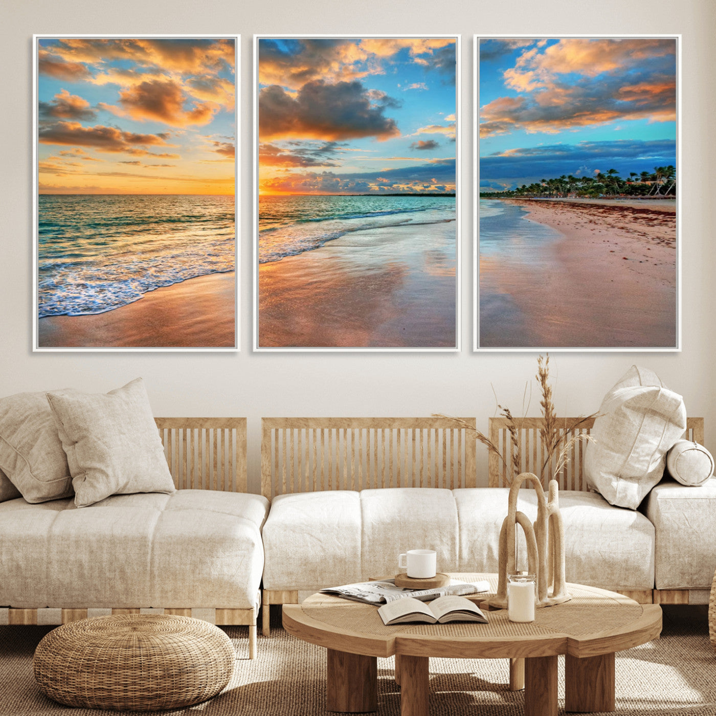 41572-MGV-CV-36X24-Sunset Beach Wall Art – Ocean Waves and Palm Trees Canvas Print, Tropical Coastal Sunset Seascape Decor for Living Room, Bedroom