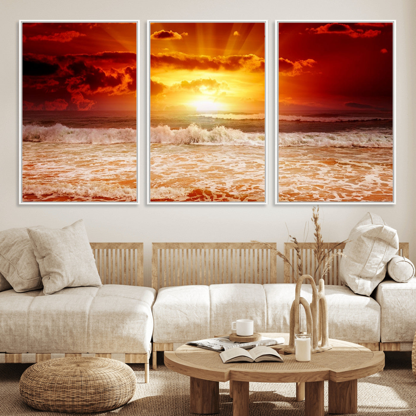 60211-MGV-CV-36X24-Fiery Sunset Ocean Wall Art – Red Sky Seascape Canvas Print with Waves, Bold Coastal Sunset Decor for Living Room or Bedroom