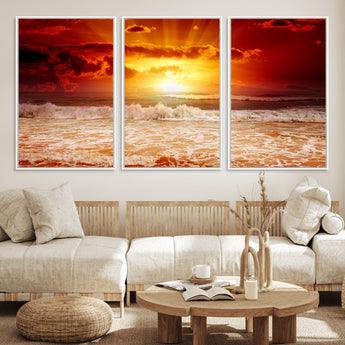 60211-MGV-CV-36X24-Fiery Sunset Ocean Wall Art – Red Sky Seascape Canvas Print with Waves, Bold Coastal Sunset Decor for Living Room or Bedroom