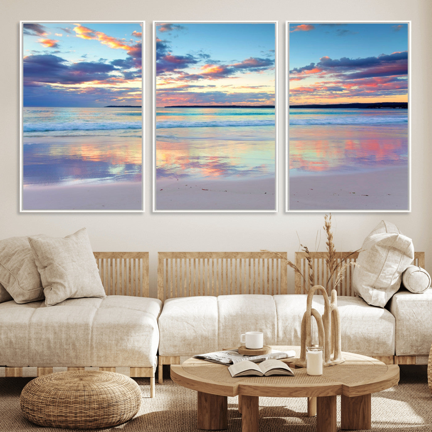 56723-MGV-CV-36X24-Serene Sunset Beach Wall Art – Panoramic Coastal Canvas Print, Peaceful Ocean Reflection Decor for Living Room, Bedroom or Office