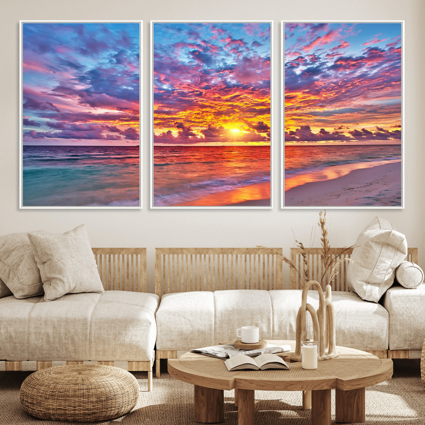 72836-MGV-CV-36X24-Fiery Sunset Beach Wall Art – Panoramic Vibrant Ocean Canvas Print, Dramatic Coastal Decor for Living Room, Bedroom or Office
