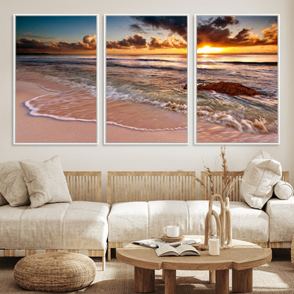 80979-MGV-CV-36X24-Golden Sunrise Beach Wall Art – Ocean Waves and Sandy Shore Canvas Print, Coastal Sunset Photography Artwork for Living Room,