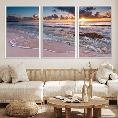 94906-MGV-CV-36X24-Sunrise Beach Wall Art – Panoramic Ocean Waves Canvas Print, Coastal Sunset Seascape Artwork for Living Room, Bedroom, or Office