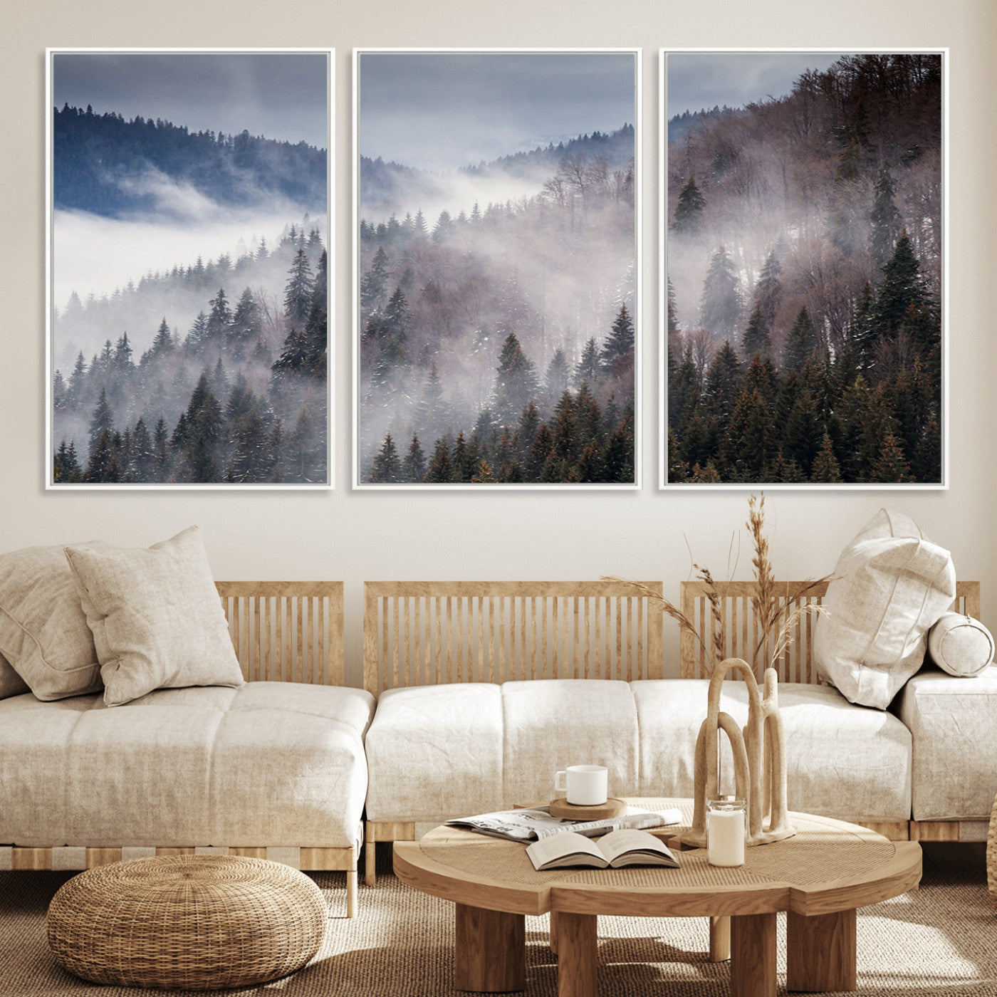 18459-MGV-FC-60X30-3P_White-Misty Pine Forest Wall Art – Serene Mountain Landscape Canvas Print, Tranquil Nature Artwork for Living Room, Bedroom, Cabin or