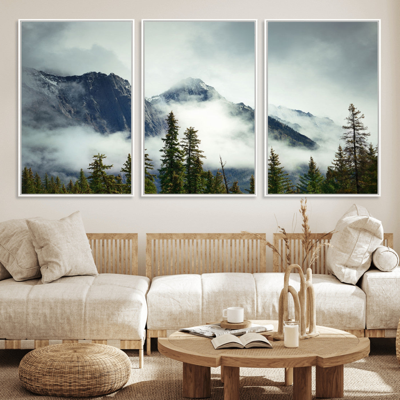93219-MGV-FC-60X30-3P_White-Misty Mountain Wall Art – Foggy Pines and Rocky Peaks Canvas Print, Nature Landscape Decor for Living Room, Office or Bedroom