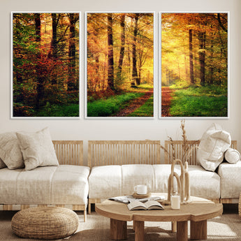 73494-MGV-CV-36X24-Golden Autumn Forest Path Wall Art – Sunlit Woodland Canvas Print, Fall Nature Landscape Home Decoration