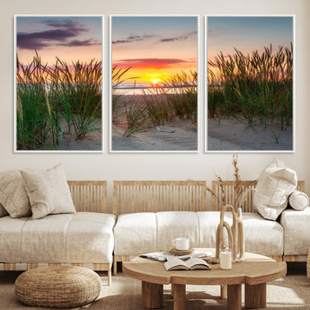 25576-MGV-CV-36X24-Beach Grass Sunset Wall Art – Coastal Sand Dune Landscape Canvas Print, Ocean View Nature Decor for Living Room or Office Wall