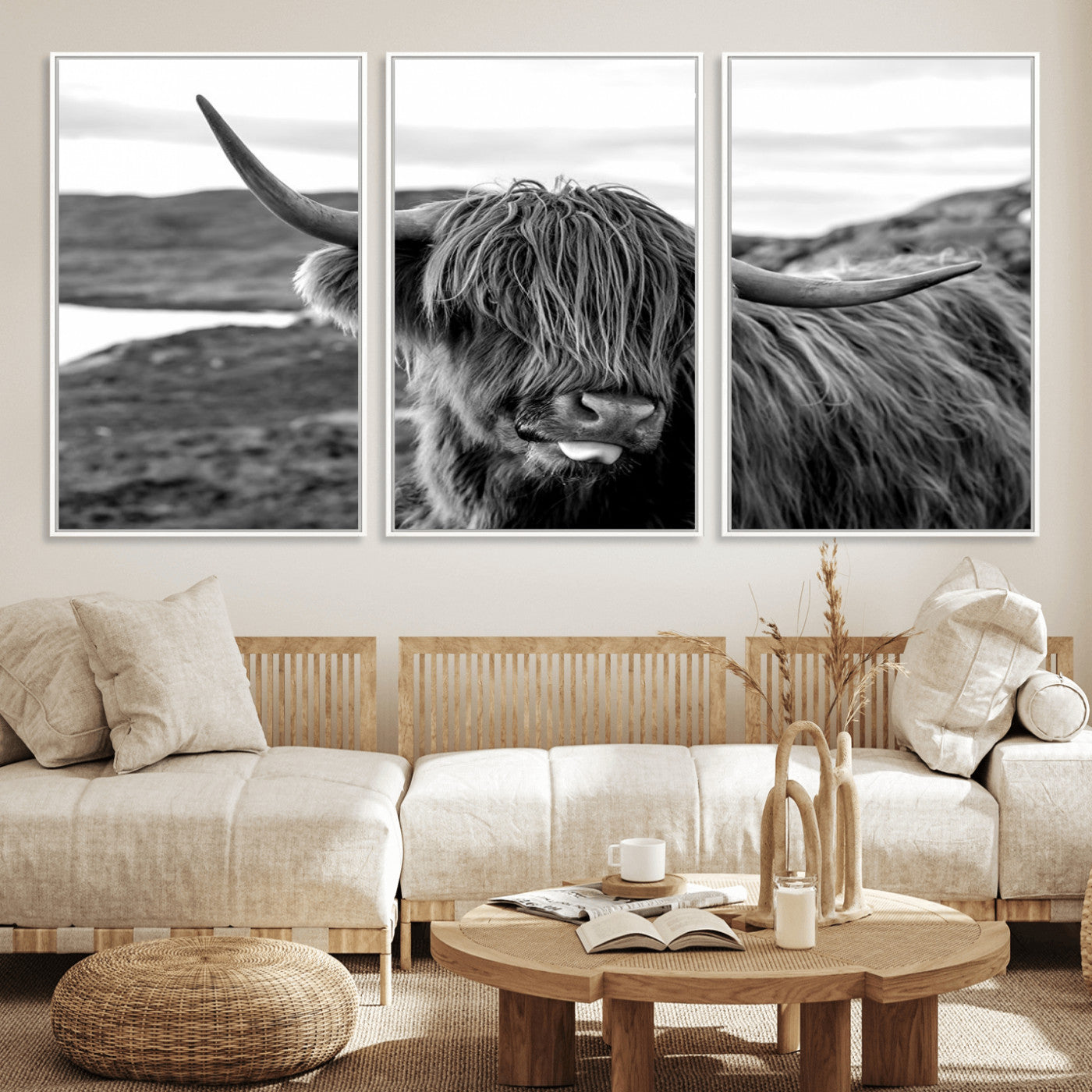 83810-MGV-CV-36X24-Highland Cow Wall Art – Black and White Highland Cattle Print, Rustic Farmhouse Animal Decor for Living Room