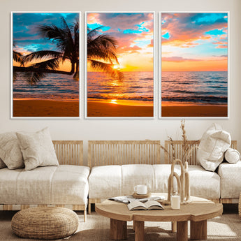 34674-MGV-CV-36X24-Tropical Sunset Beach Wall Art – Palm Tree Ocean Canvas Print, Coastal Seascape Decor for Living Room or Office Wall