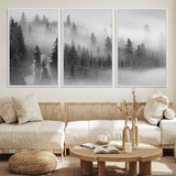 57235-MGV-CV-36X24-Misty Pine Forest Wall Art – Black and White Mountain Landscape Canvas Print, Nature Woodland Decor for Living Room, Bedroom or