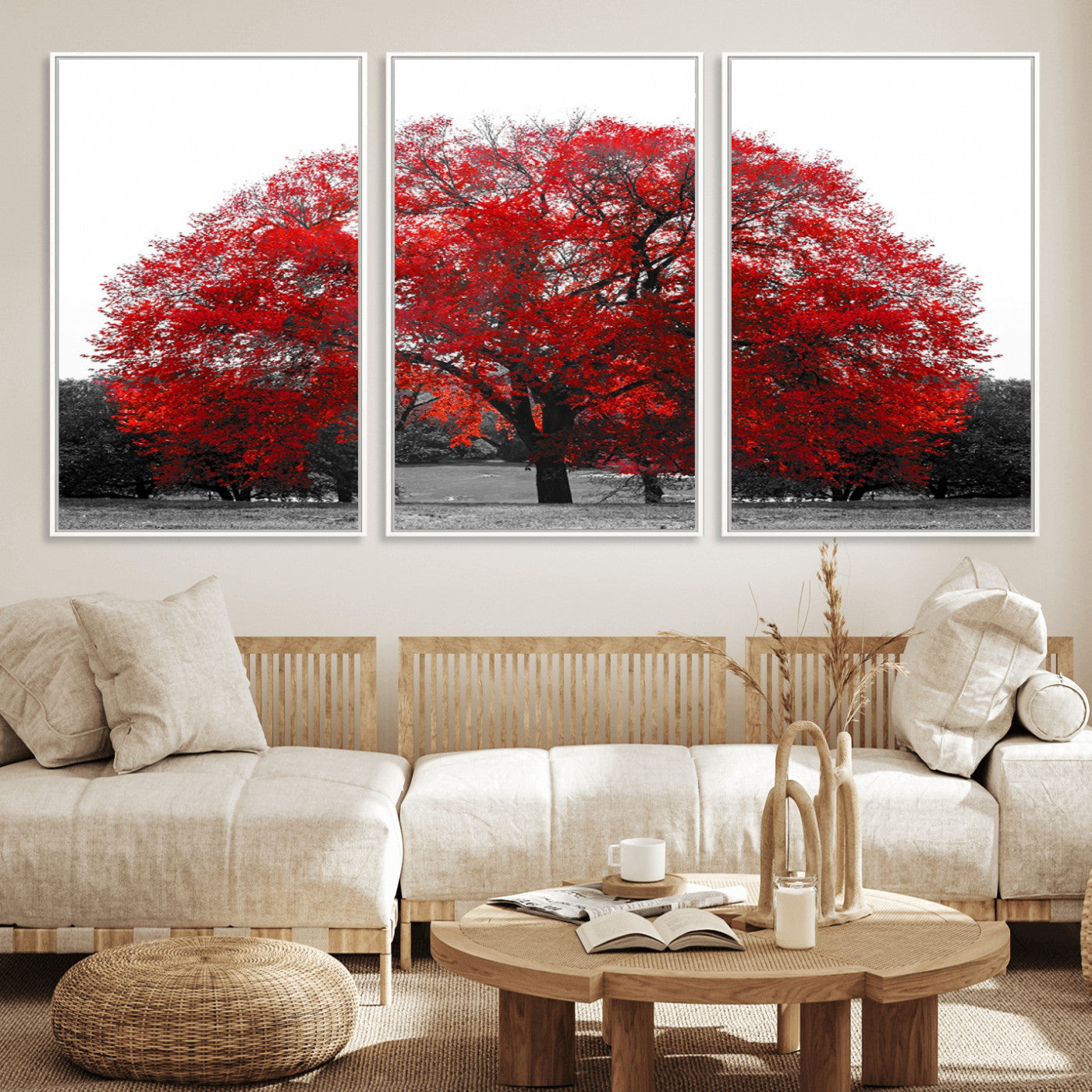 80021-MGV-FC-60X30-3P_White-Red Tree Wall Art – Striking Black and White Landscape Canvas Print with Vibrant Red Leaves, Modern Nature Decor for Living Room