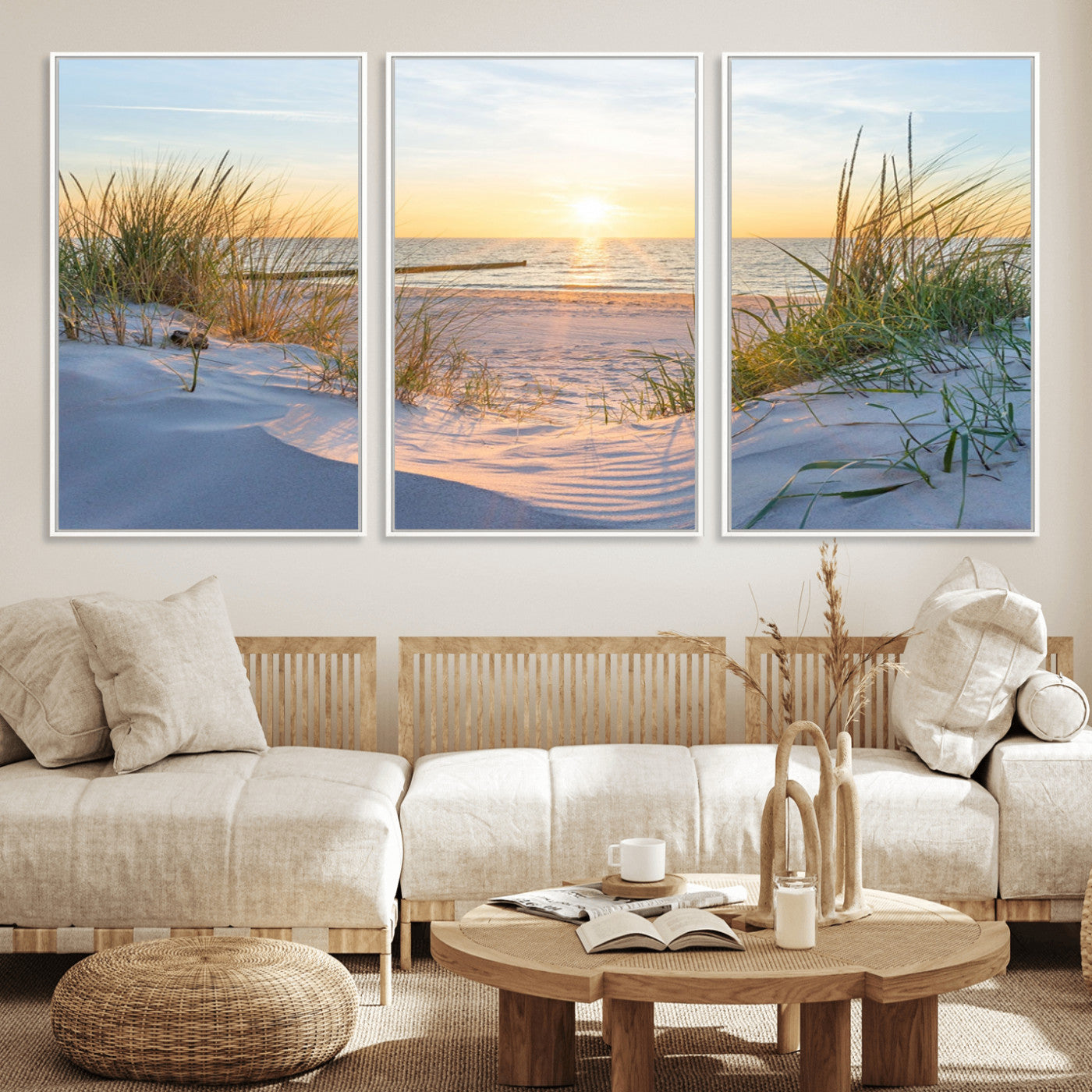 48907-MGV-CV-36X24-Beach Sunset Wall Art – Coastal Sand Dunes and Ocean View Canvas Print, Serene Seaside Landscape Painting for Living Room, Bedroom