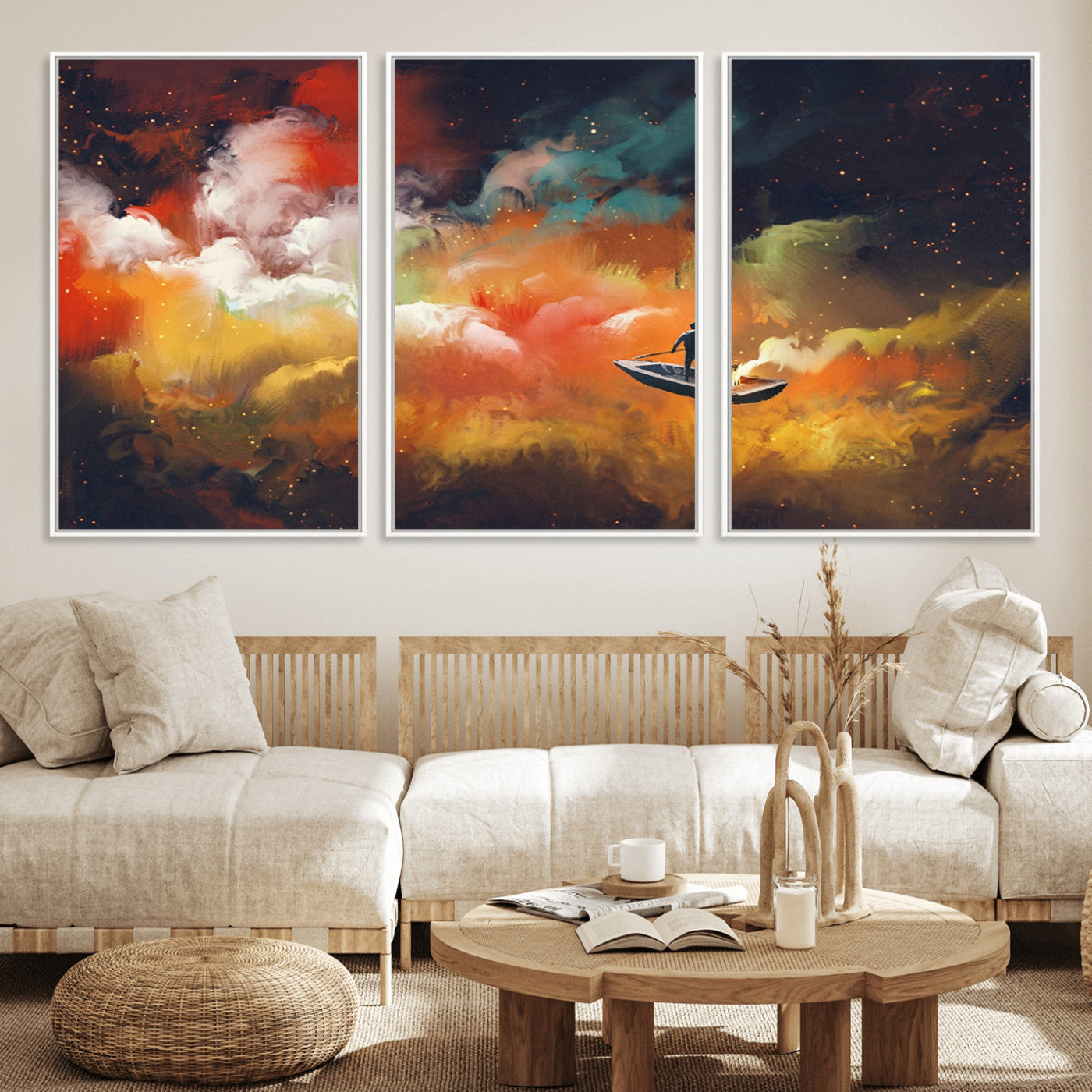 45085-MGV-FC-60X30-3P_White-Surreal Cosmic Wall Art – Abstract Galaxy Dreamscape Canvas Print with Man and Dog in Boat, Fantasy Nebula Painting for Living