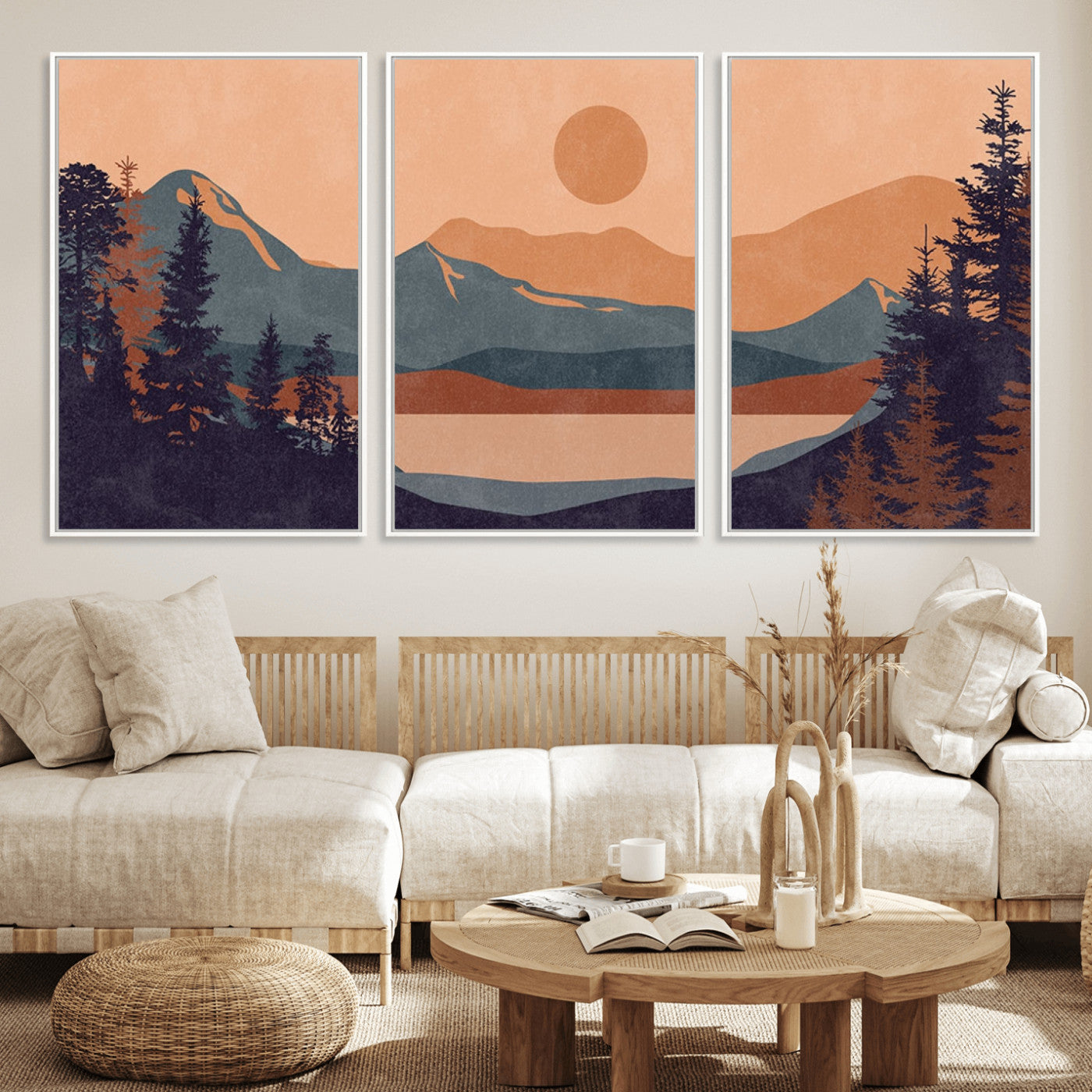 62795-MGV-FC-60X30-3P_White-Minimalist Mountain Landscape Wall Art – Abstract Sunset Over Peaks and Pine Trees Canvas Print, Modern Nature Decor for Living