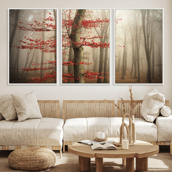 61855-MGV-CV-36X24-Misty Forest Wall Art – Red Tree with Autumn Leaves Canvas Print, Moody Woodland Nature Decor for Living Room, Bedroom, or Office