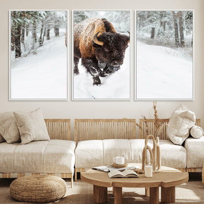 84699-MGV-FC-60X30-3P_White-Bison in Winter Wall Art – Majestic Buffalo Canvas Print with Snowy Forest Landscape, Rustic Wildlife Artwork for Cabin, Living
