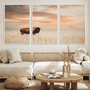 99699-MGV-CV-36X24-Bison in Prairie at Sunset – Wildlife Photography Print, American Buffalo Wall Art, Nature Landscape Canvas Decor for Office