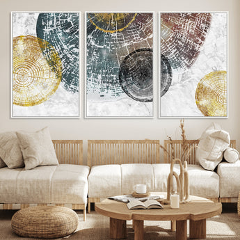 70653-MGV-CV-60X30-3P-Abstract Tree Ring Wall Art – Modern Rustic Wood Slice Canvas Print with Gold Accents, Contemporary Nature Decor for Living Room,