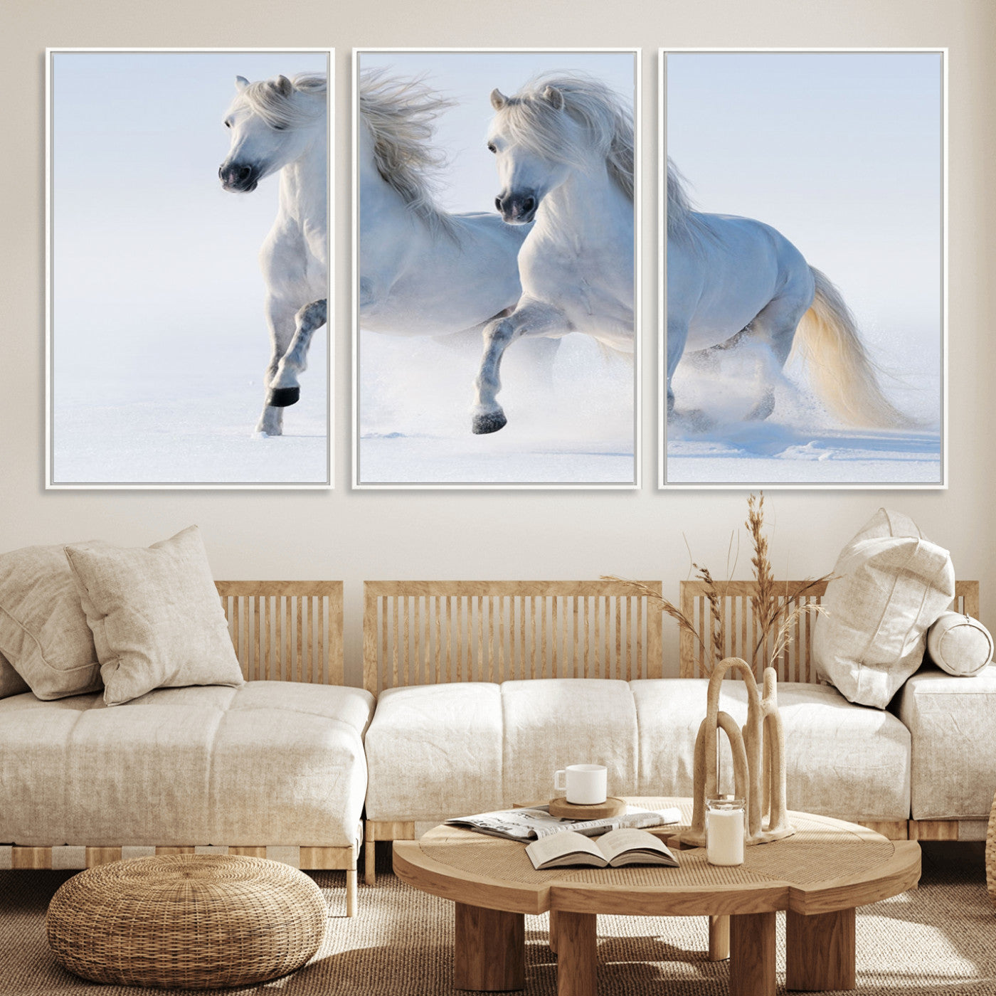80145-MGV-CV-36X24-White Horses Running Snow Wall Art – Majestic Equine Canvas Print, Winter Nature Photography Decor for Living Room, Office,