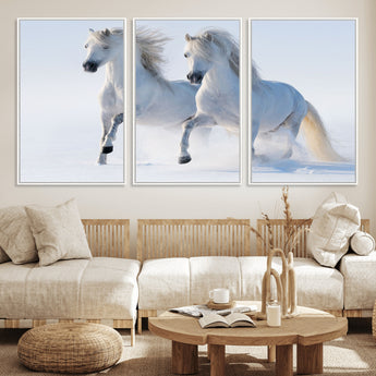 80145-MGV-CV-36X24-White Horses Running Snow Wall Art – Majestic Equine Canvas Print, Winter Nature Photography Decor for Living Room, Office,