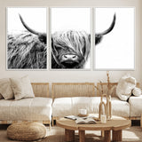 51957-MGV-CV-36X24-Highland Cow Wall Art – Black and White Scottish Highland Bull Canvas Print, Rustic Farmhouse Animal Decor for Living Room,