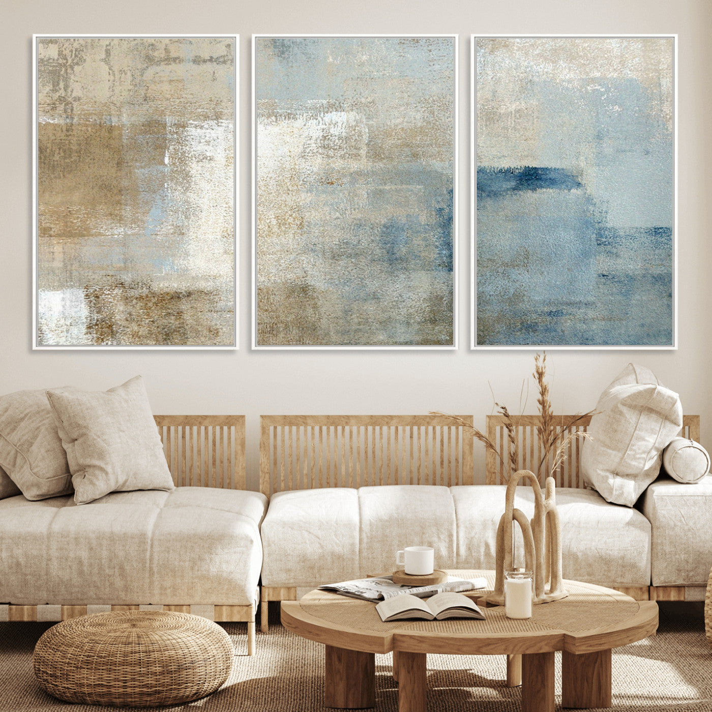38126-MGV-CV-36X24-Neutral Abstract Wall Art – Modern Beige and Blue Canvas Print and Minimalist Textured Painting for Living Room, Bedroom or Office