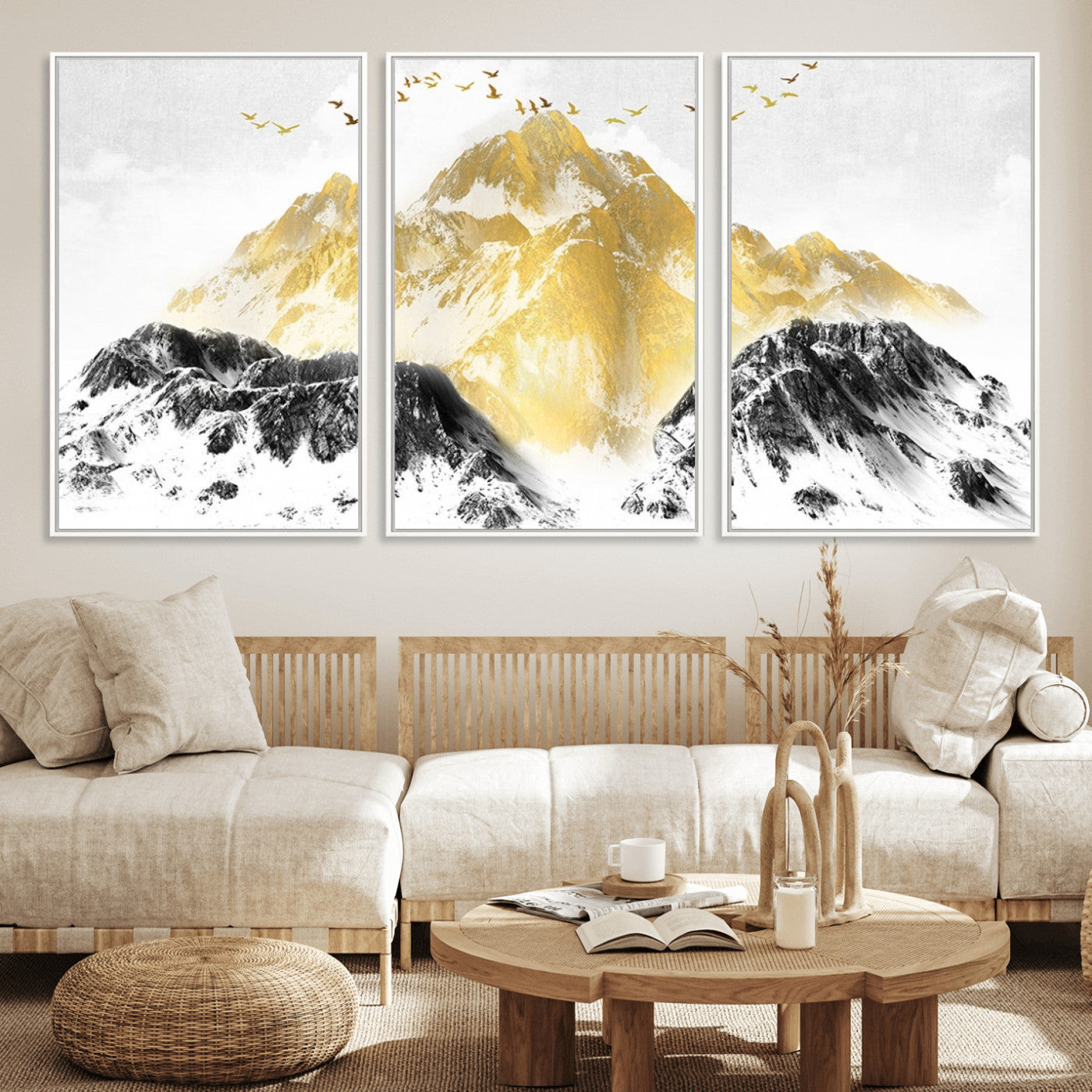 37733-MGV-CV-36X24-Golden Mountain Wall Art – Modern Abstract Landscape Canvas Print with Birds, Luxury Nature Decor for Living Room, Bedroom, or