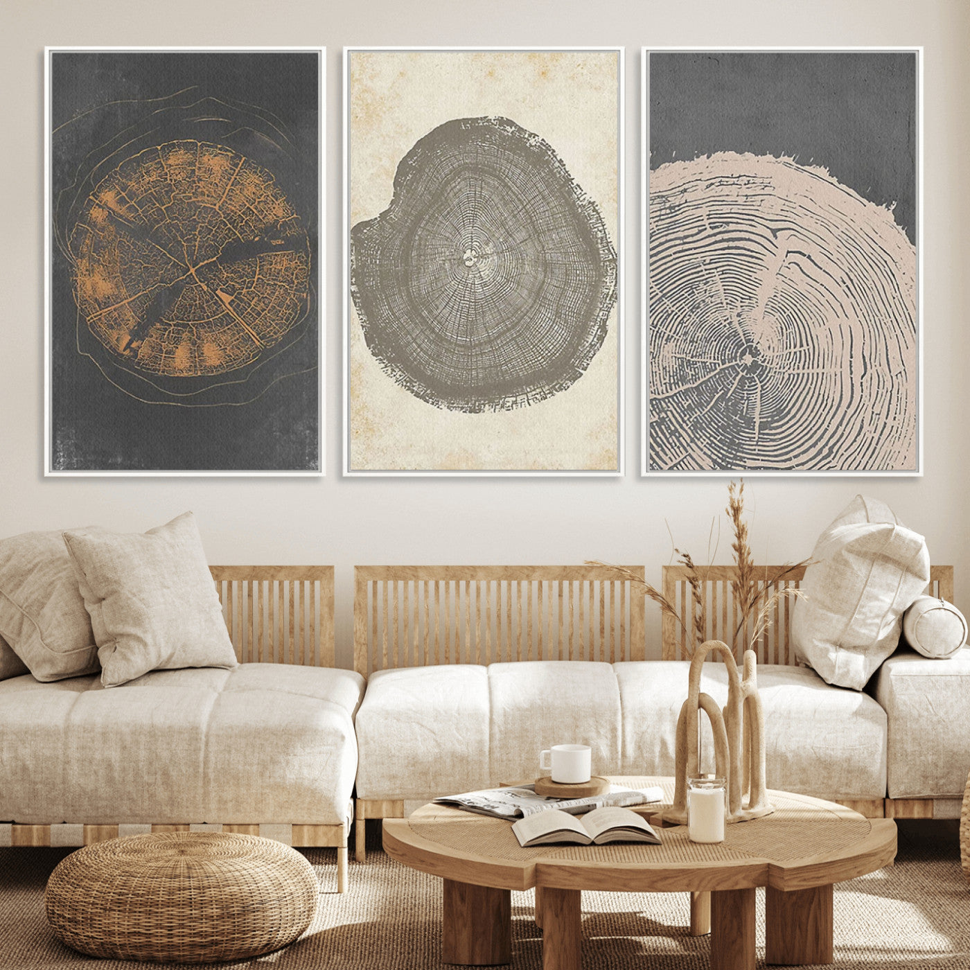 80725-MGV-FC-60X30-3P_White-Wood Tree Rings Wall Art Canvas Print, Framed Tree Rings Art Picture Print, Abstract Tree Rings Perfect Modern Boho Decor Artwork