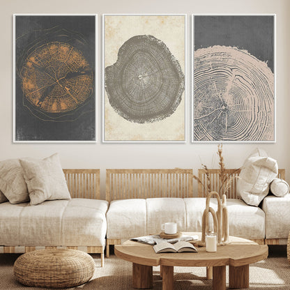 80725-MGV-FC-60X30-3P_White-Wood Tree Rings Wall Art Canvas Print, Framed Tree Rings Art Picture Print, Abstract Tree Rings Perfect Modern Boho Decor Artwork