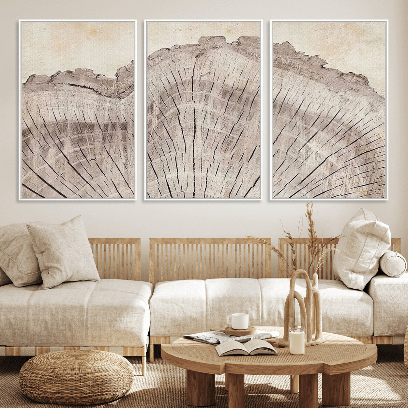67528-MGV-FC-60X30-3P_White-Wood Ring Wall Art Canvas Print, Framed Tree Ring Art Picture Print, Rustic Tree Ring Perfect Neutral Boho Decor Artwork