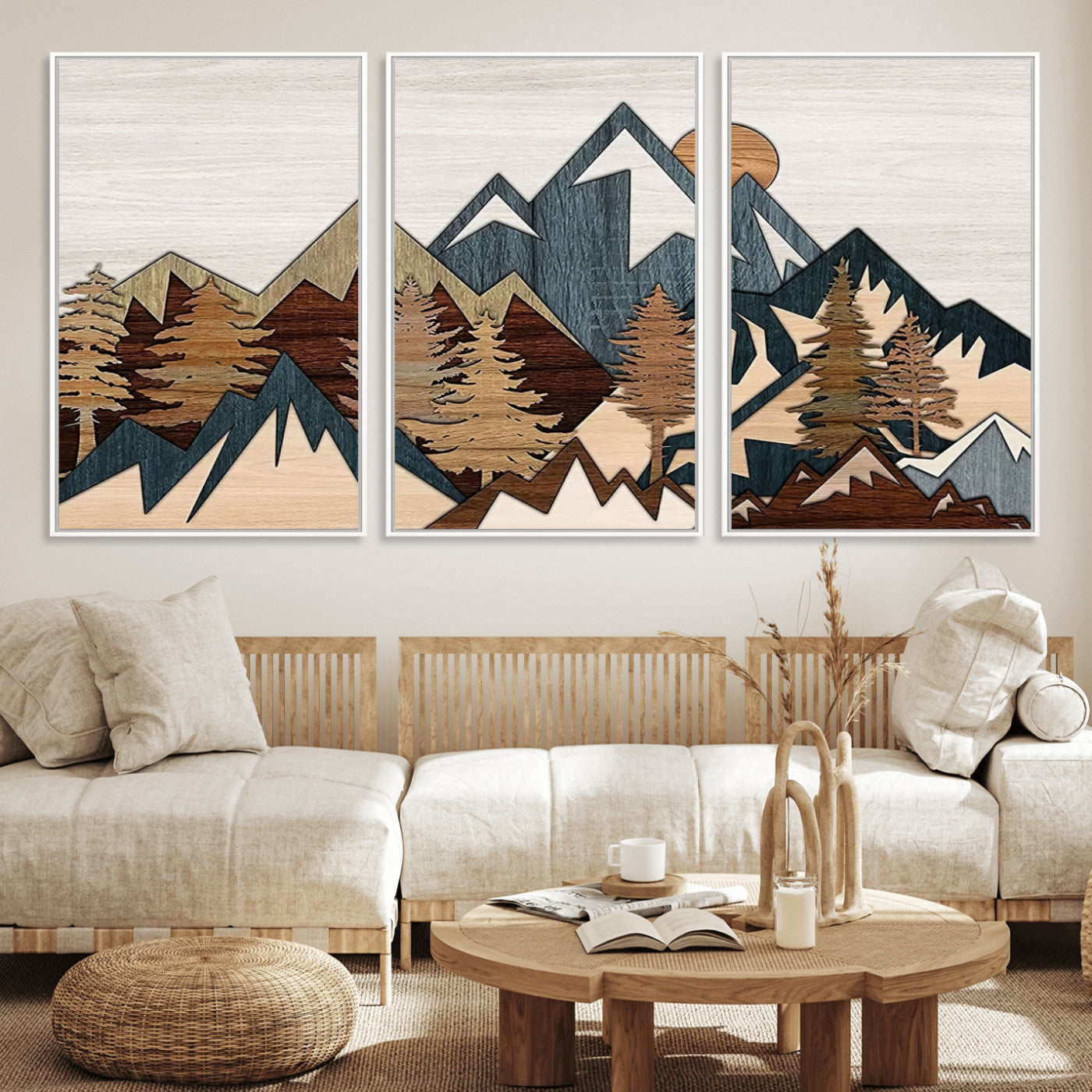 67950-MGV-FC-60X30-3P_White-Modern Wood Wall Art Canvas Print, Framed Mountain Range Art Picture Print, Wood Mountain Range Perfect Rustic Decor Artwork
