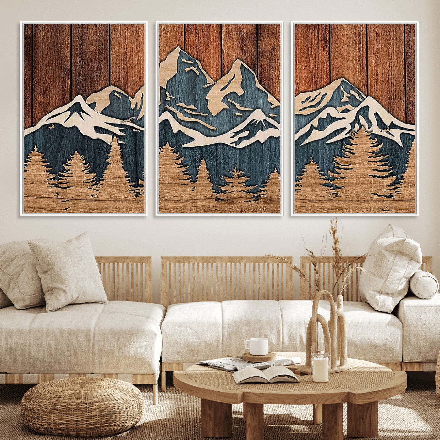 41330-MGV-FC-60X30-3P_White-Rustic Mountain Wall Art – Wooden Nature Scene with Trees and Peaks, Handmade 3D Layered Decor for Living Room, Cabin or Office