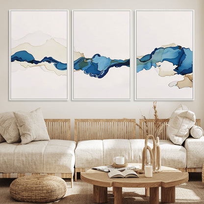 95528-MGV-FC-60X30-3P_White-Abstract Blue Wave Wall Art – Modern Ocean Inspired Canvas Print, Minimalist Fluid Painting for Living Room, Bedroom or Office